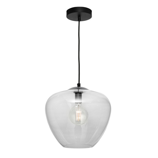 Attractive Traditional 1 Light Clear Glass Pendant. Features Black Metal Canopy & Black Cloth Cord Cable.