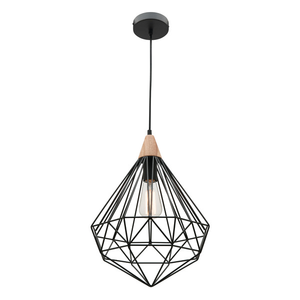 Raglan is a Modern and Industrial Style Black Diamond Shaped Metal Pendant with Baltic Wood Topper. Also Features 2 Metre Adjustable Black Cable Drop and Black Canopy. Perfect as a Single Pendant or Installed in Groups of 2 or 3 over Kitchen Islands, Living or Dining Areas.