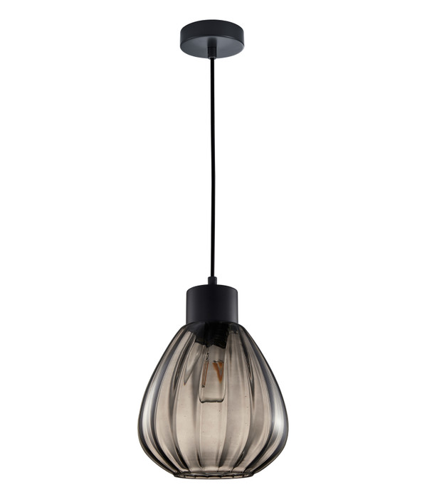 PENDANT ES 72W BLK Smoke Wine Glass Ribbed With Black Highlight