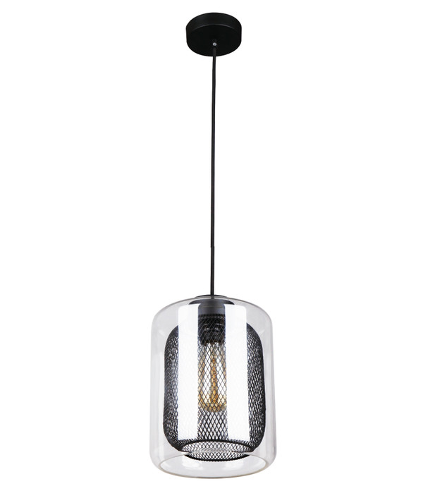 PENDANT ES 40W BLK Mesh Internal / CLR Glass Oblong