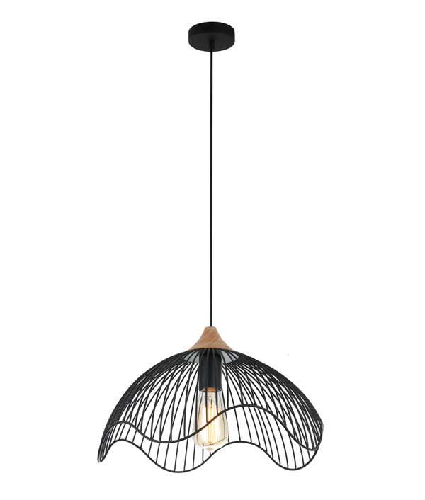 PENDANT ES 72W BLK IRON + WOOD DOME (wavy edge) 01