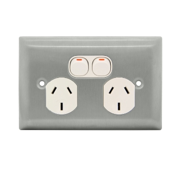 Metal Plate Series, Twin Switch Socket Outlet, 250V, 10A, A Style Deep Curved Plate