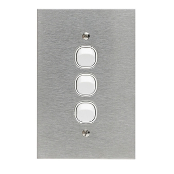 Metal Plate Series, Flush Switch, 3 Gang, 250VAC, 10A, Range, BSL Style, Standard, Vert