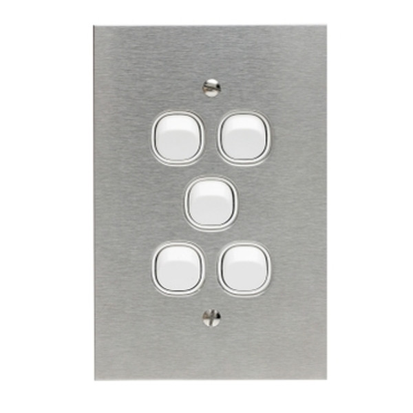 Metal Plate Series, Flush Switch, 5 Gang, 250VAC, 10A, Range, BSL Style, Standard, Vert