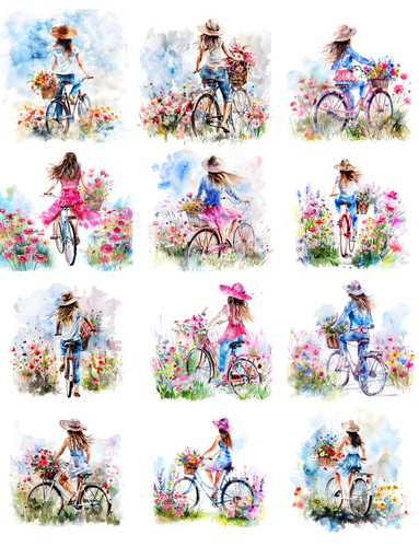 Girl on Bicycle Watercolor 12 Round Peel & Place