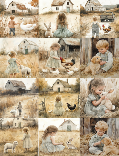 Children on a Farm with Animals 12 Up Squares Peel & Place