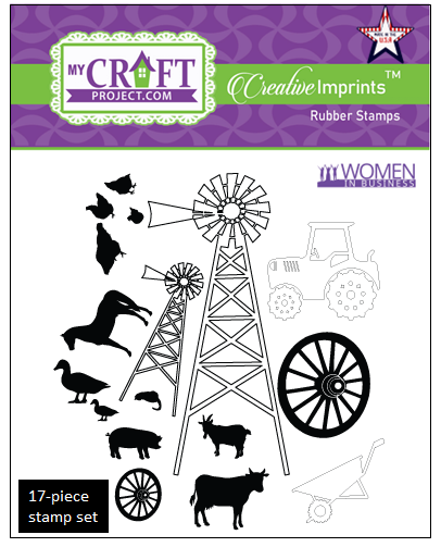 Farm Accessories" Creative Imprints rubber sentiment stamp 17-piece set