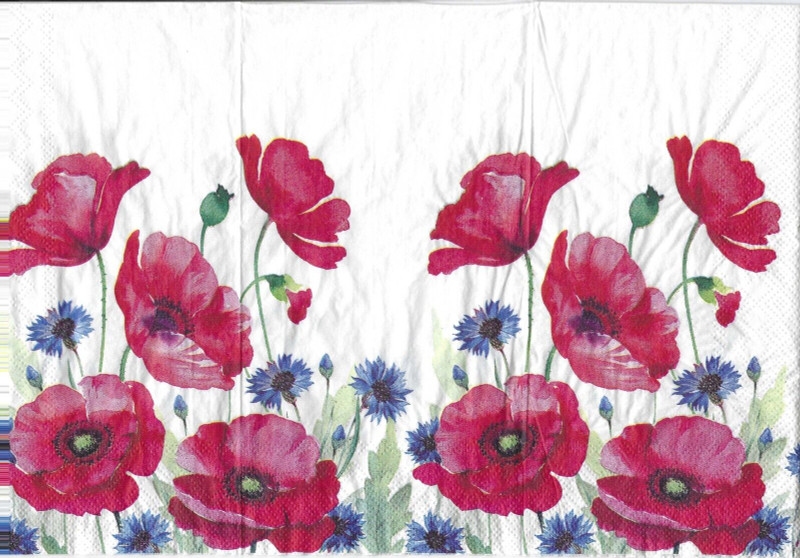 Red Poppies and Blue Flowers  - pack of 2 Guest/Dinner napkins