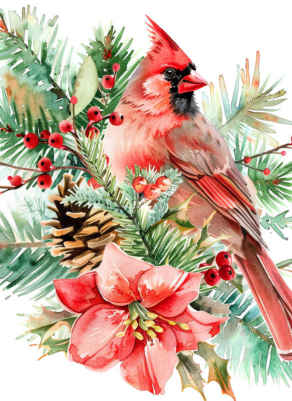 Cardinal, Pines & Poinsettia Watercolor Peel & Place