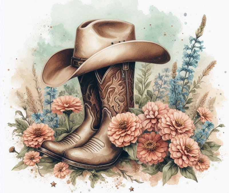 Cowboy Boots, Hat & Zinnias Peel & Place