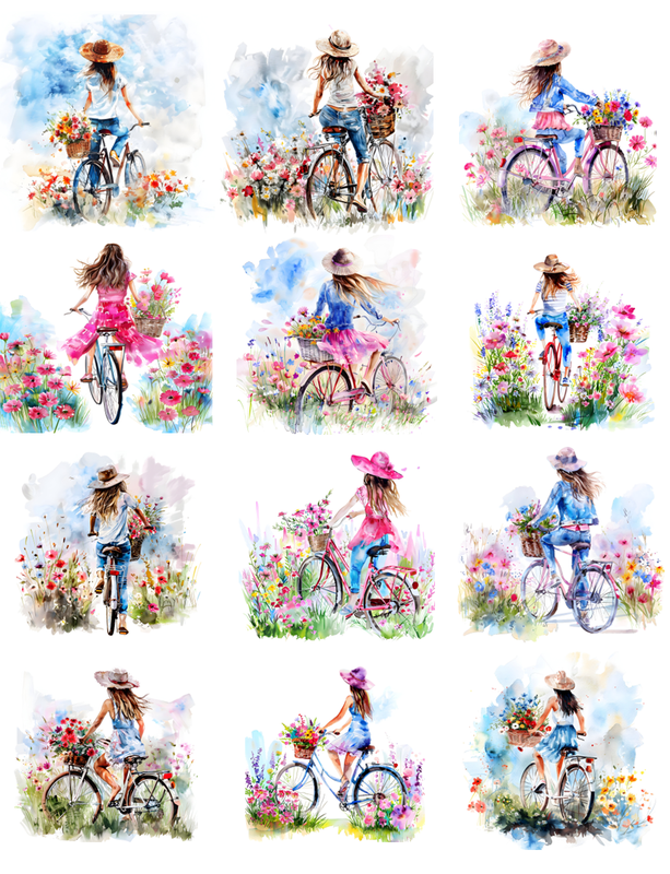 Girl on Bicycle Watercolor 12 Round Peel & Place