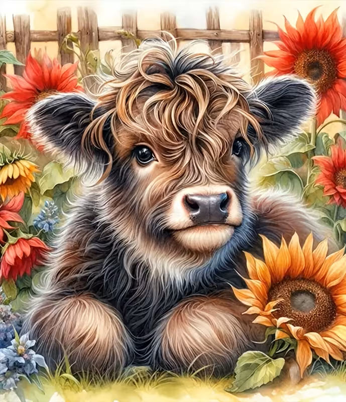 Highland Calf in Sunflower Field Peel & Place