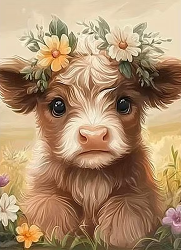 Highland Calf with Ring of Flowers on Head Peel & Place