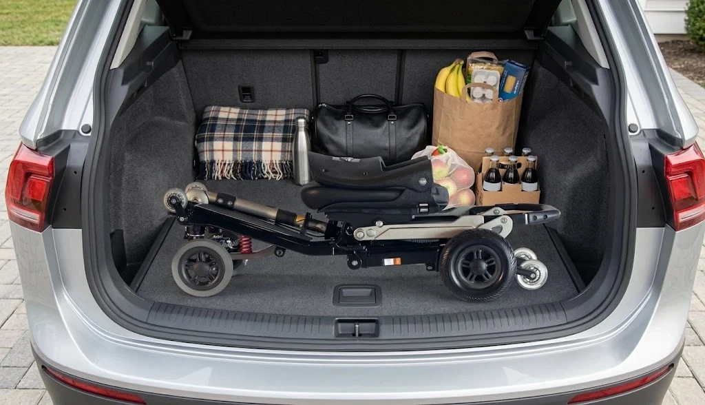 Folded Luggie EP4 lying flat in a car trunk next to a bag and groceries