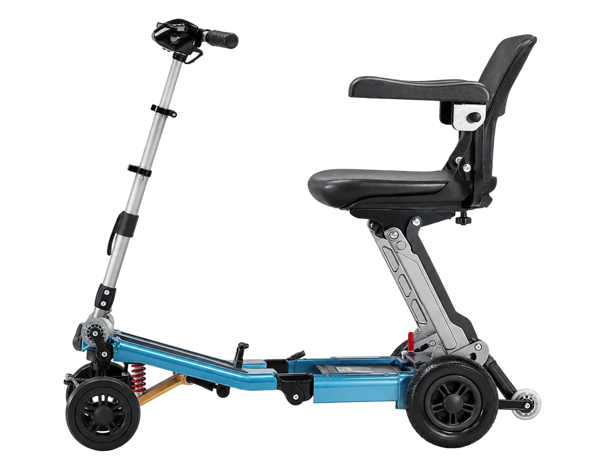Blue Luggie Elite Plus 4 folding mobility scooter, side view