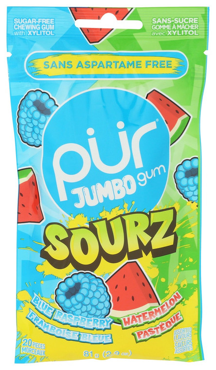 Jumbo SOURZ Blue Raspberry and Watermelon Chewing Gum - 2.9 oz (20 Pieces) - 81 g