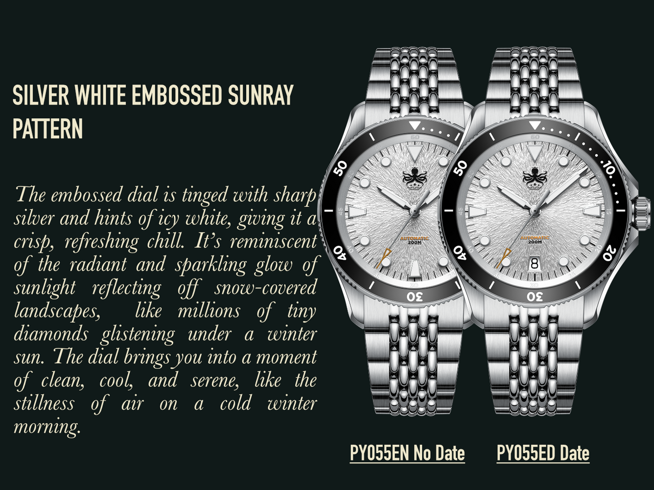 PHOIBOS Delphinus 200M Automatic Diver Watch PY055ED Silver White Date