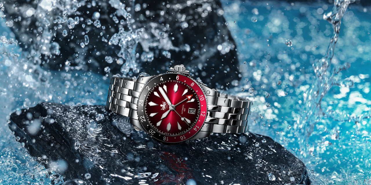 PHOIBOS Voyager GMT 100M Automatic Diver Watch PY058D Burgundy Red