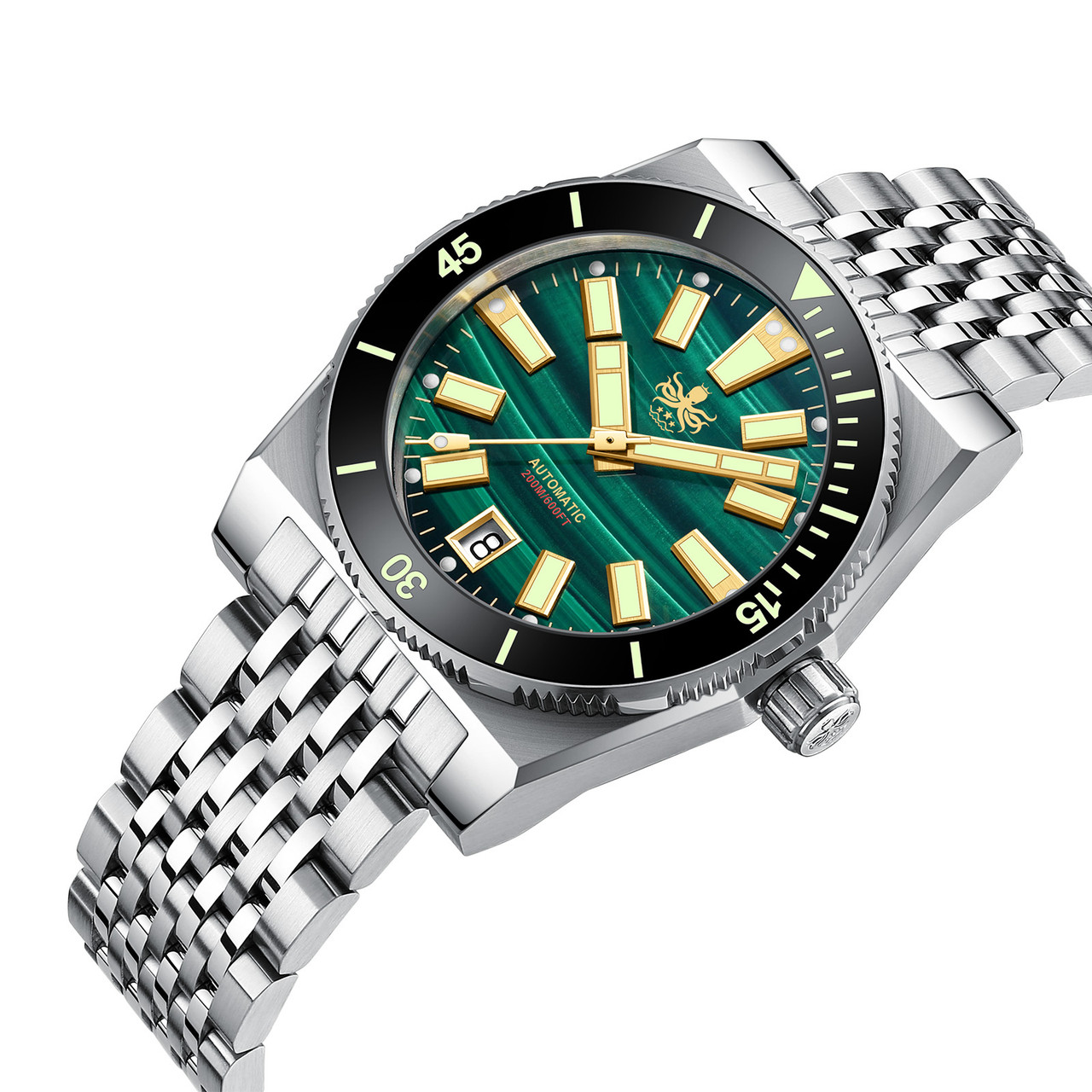 PHOIBOS Narwhal 200M Automatic Diver Watch PY061A Green Malachite