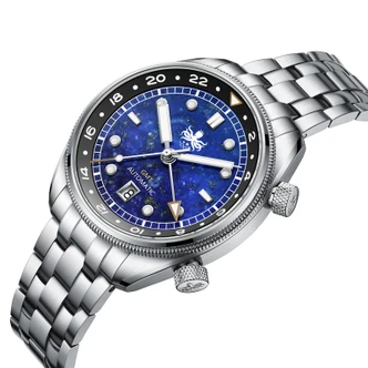PHOIBOS EAGLE RAY TRAVELER GMT 150M Automatic Compressor Diver Watch PY067B Lapis Lazuli