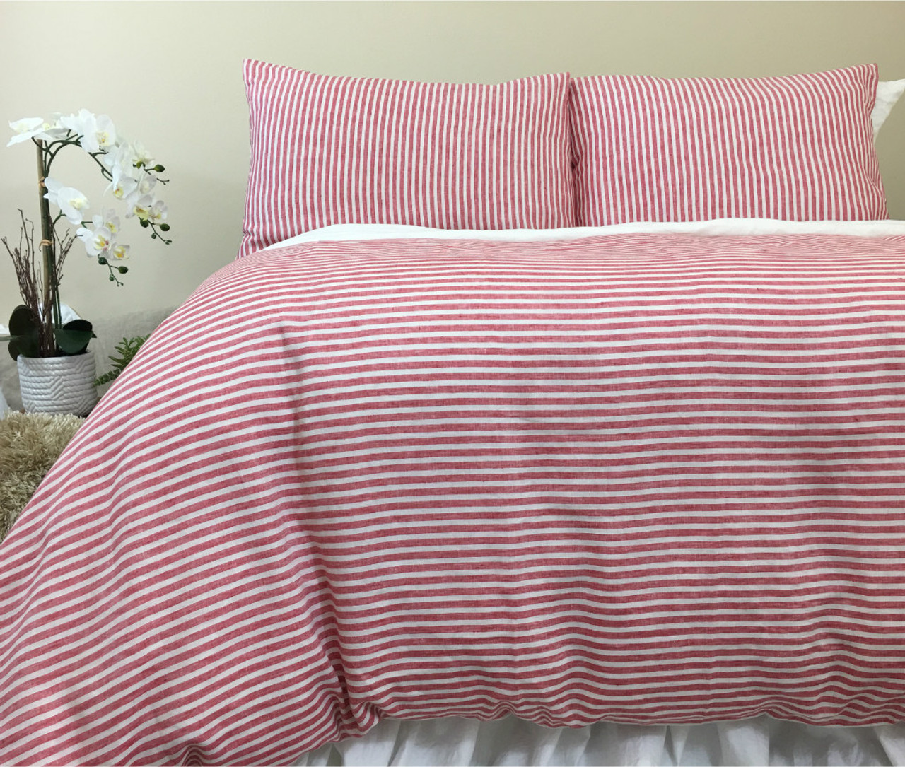 Red And White Striped Duvet Cover Natural Linen Custom Size