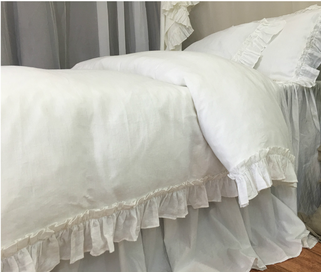 White Linen Vintage Ruffle Duvet Cover, Available in Twin, Full, Queen