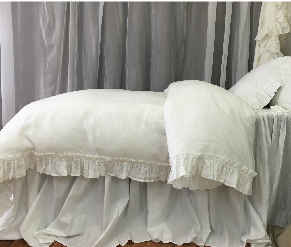 White Linen Vintage Ruffle Duvet Cover, Available in Twin, Full, Queen