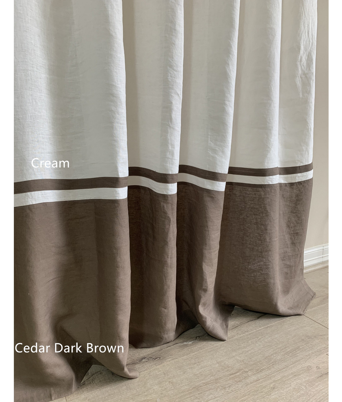 Color Block Natural Linen Shower Curtain with Stripe 80+ Linen Fabric