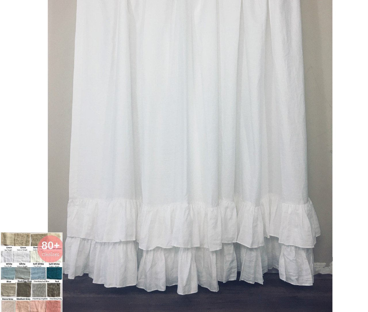 Linen Shower Curtain With Two Tiered Of Mermaid Long Ruffles White