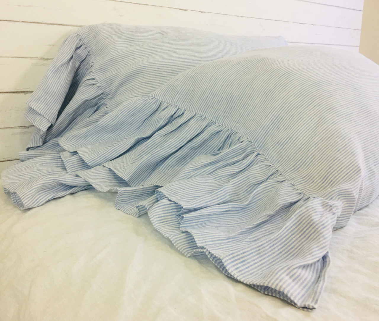 Blue And White Linen Ticking Striped Pillow Sham With Mermaid Long