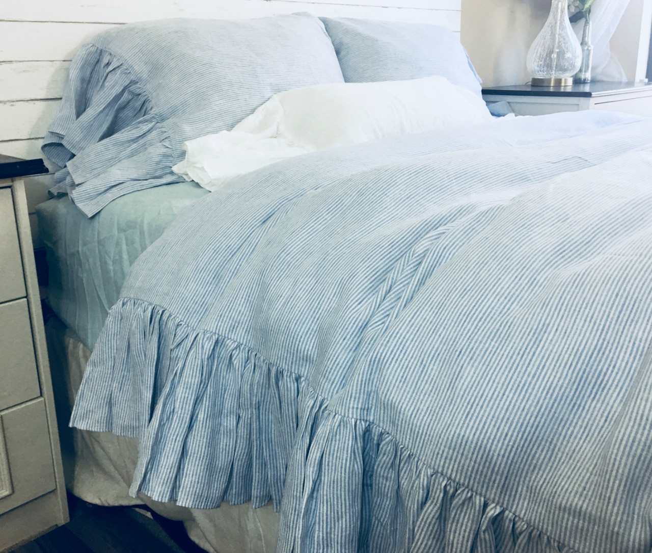 Blue And White Linen Ticking Striped Duvet Cover With Mermaid Long