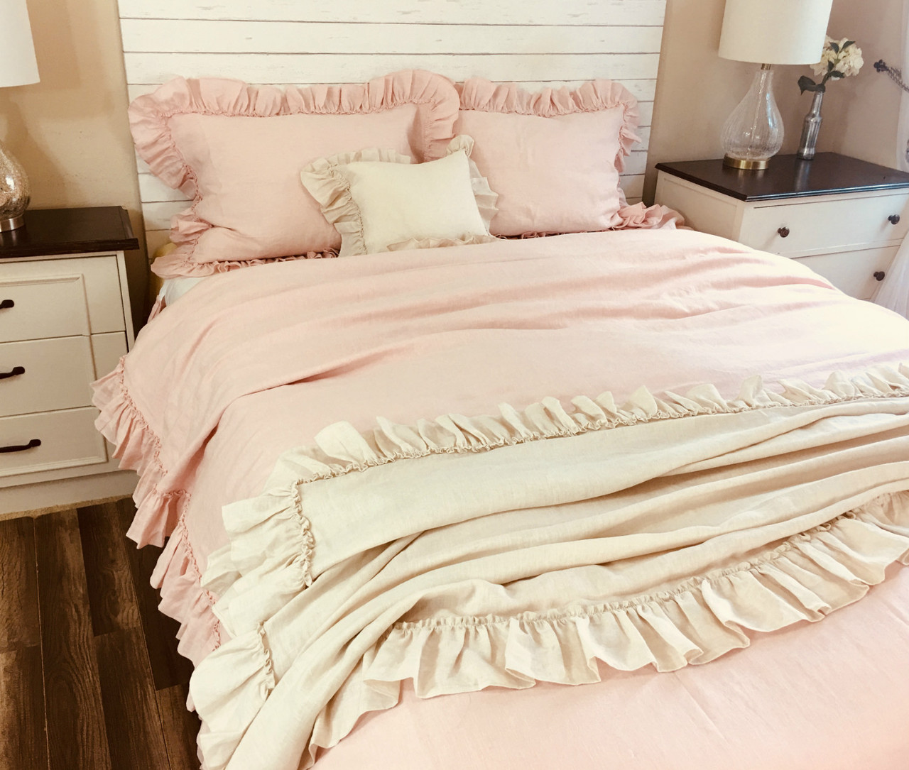 Dogwood Pink Linen Duvet Cover With Country Mermaid Long Ruffles