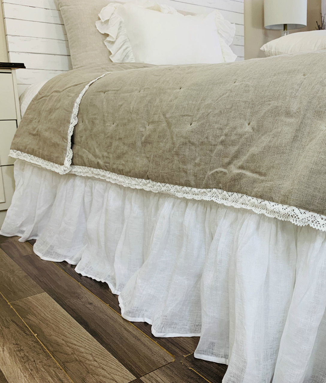 White Linen Voile Bed Skirt with Gathered Ruffles