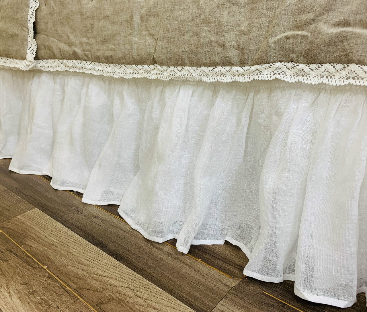 White Linen Voile Bed Skirt with Gathered Ruffles