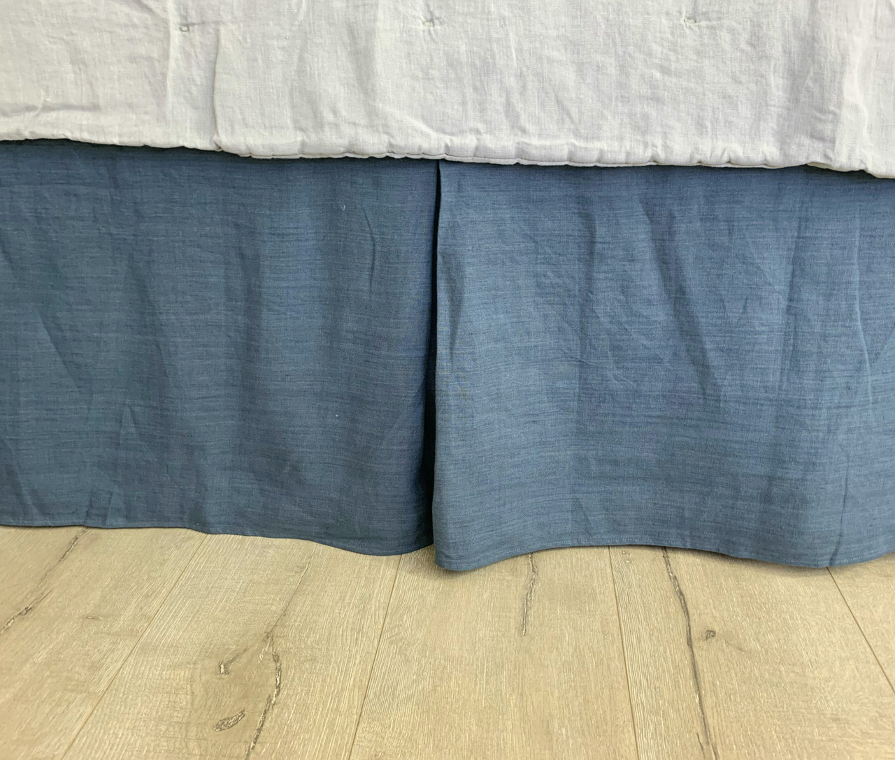 Yale Blue Linen Bed Skirt with Tailored Pleats