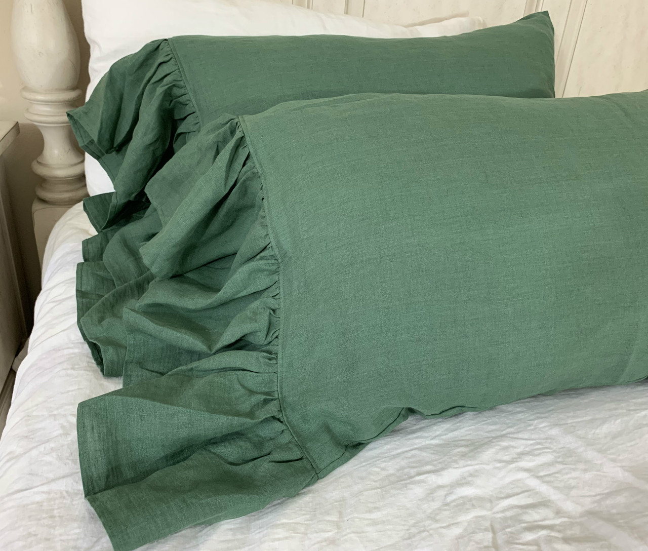 Forest Green Linen Pillow Cases with Mermaid Long Ruffles
