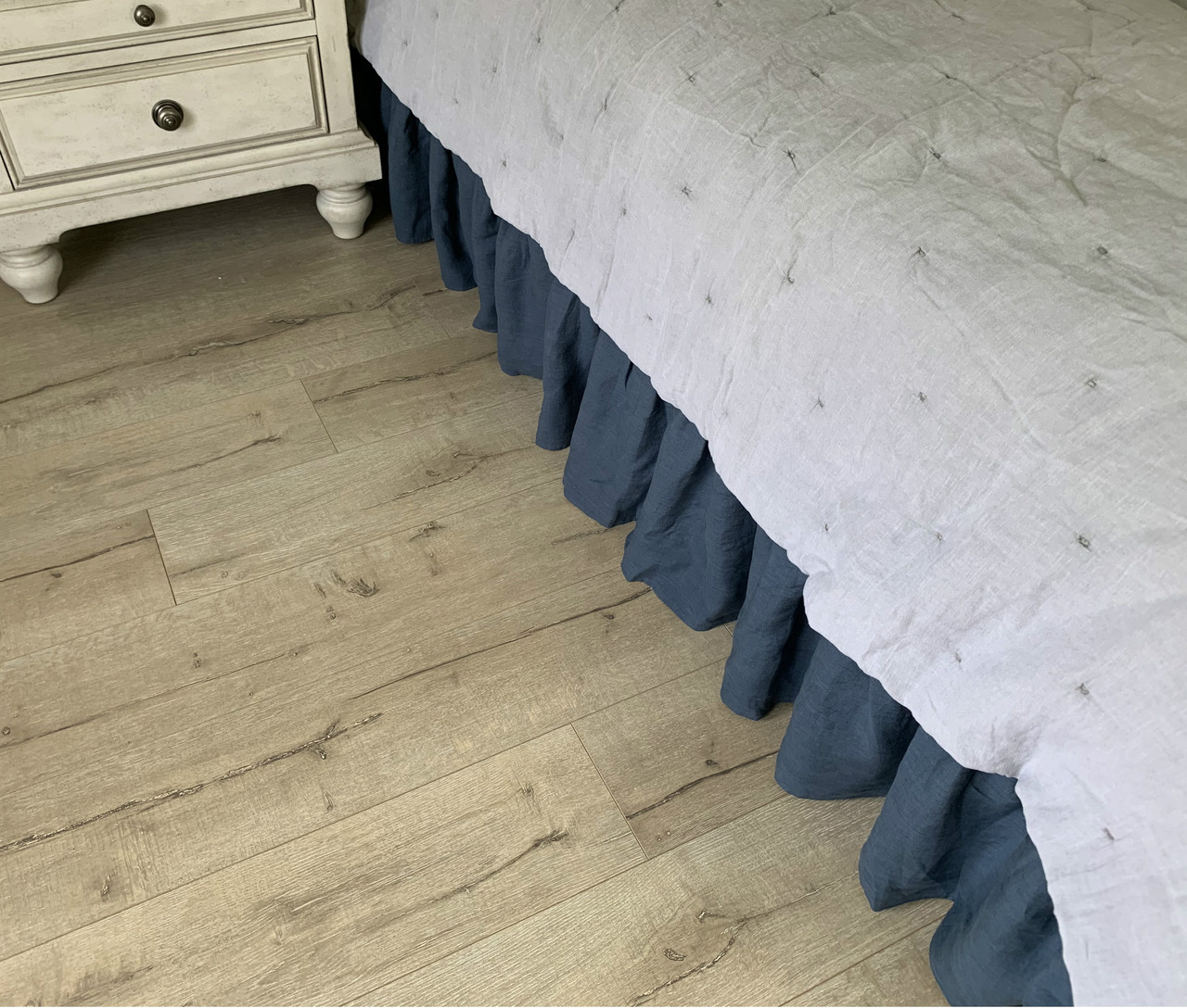 Navy Linen Bed Skirt with Gathered Ruffle