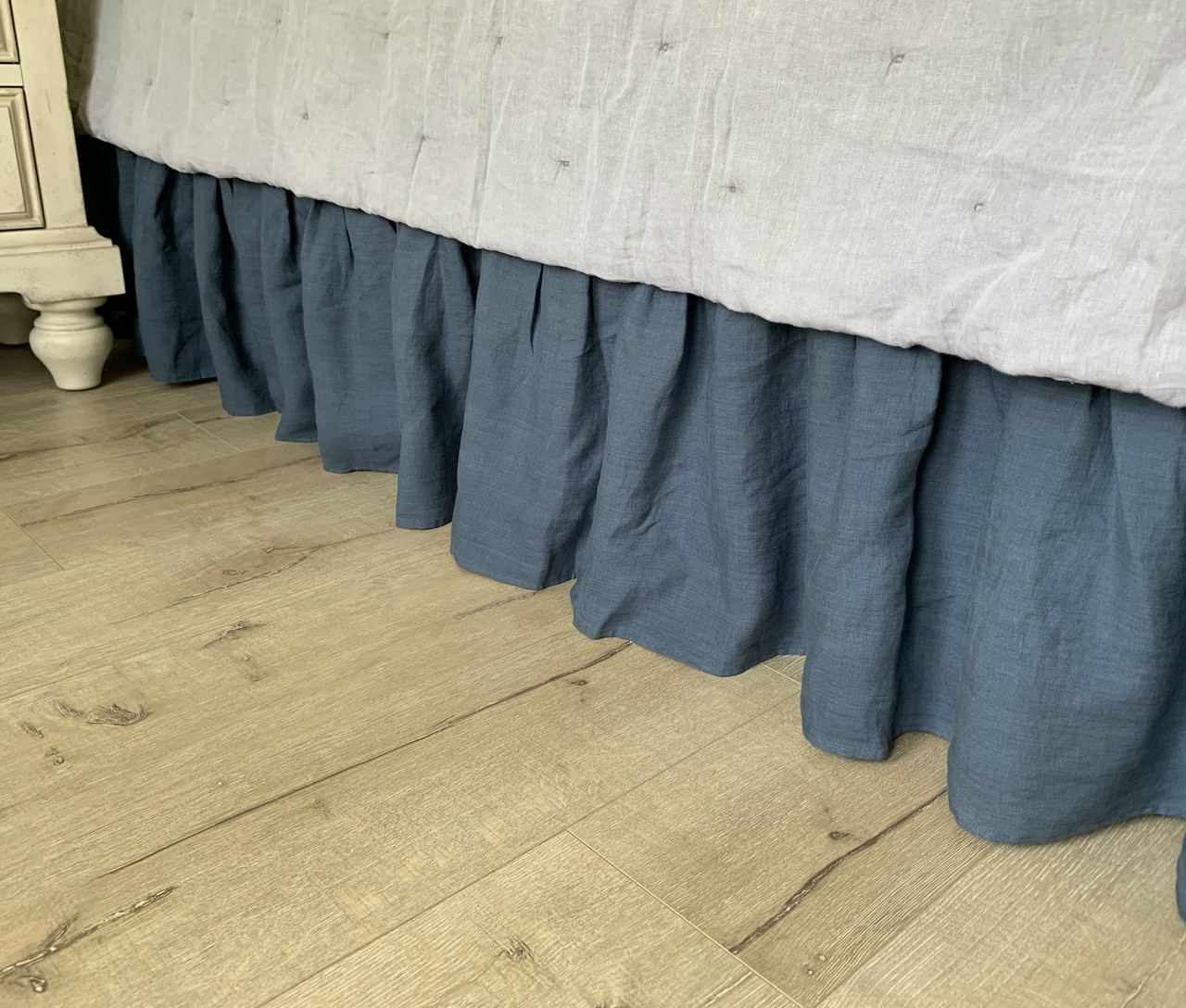 Navy Linen Bed Skirt with Gathered Ruffle