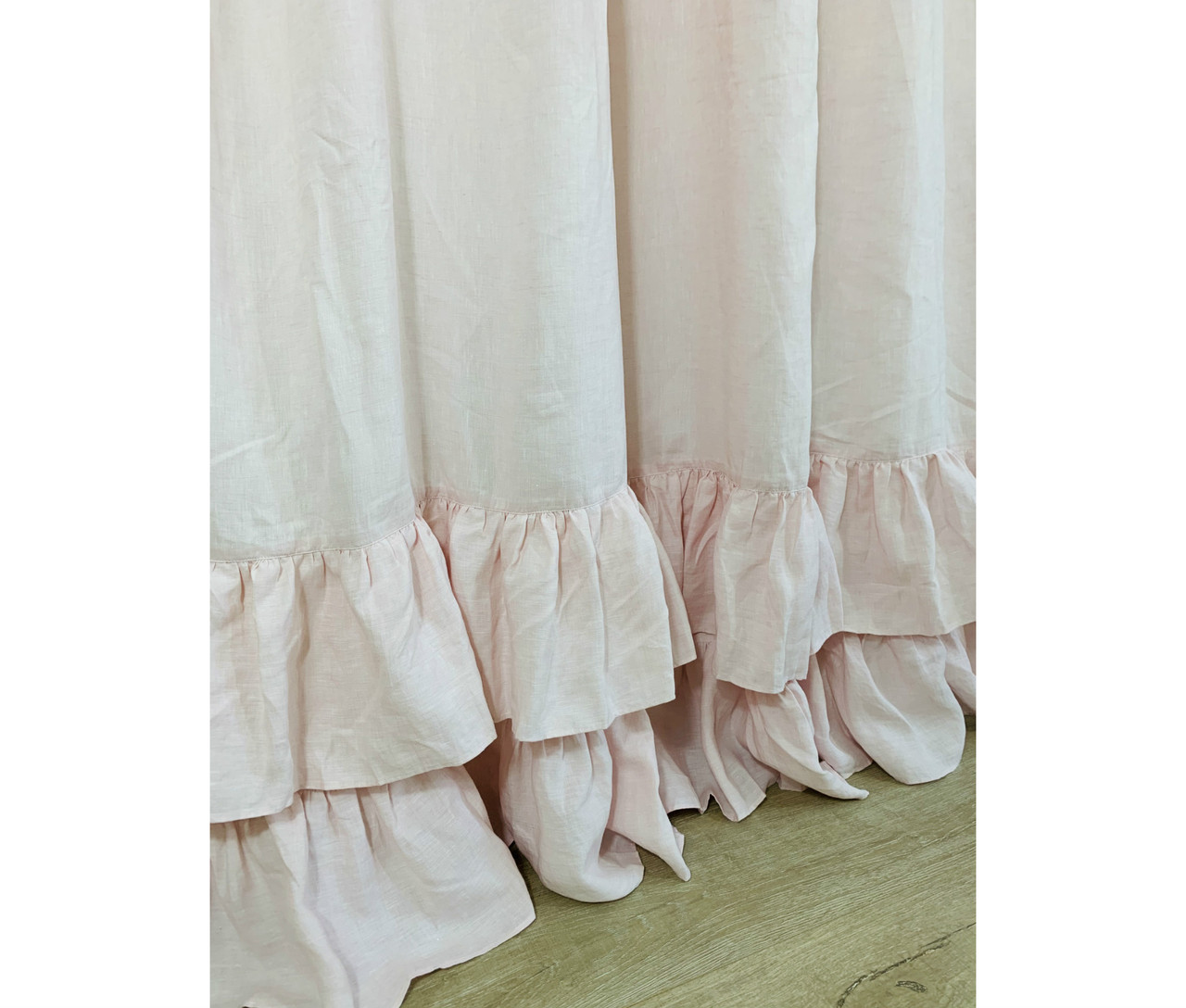 Blush Pink Linen Shower Curtain With Two Tiered Of Mermaid Long Ruffles