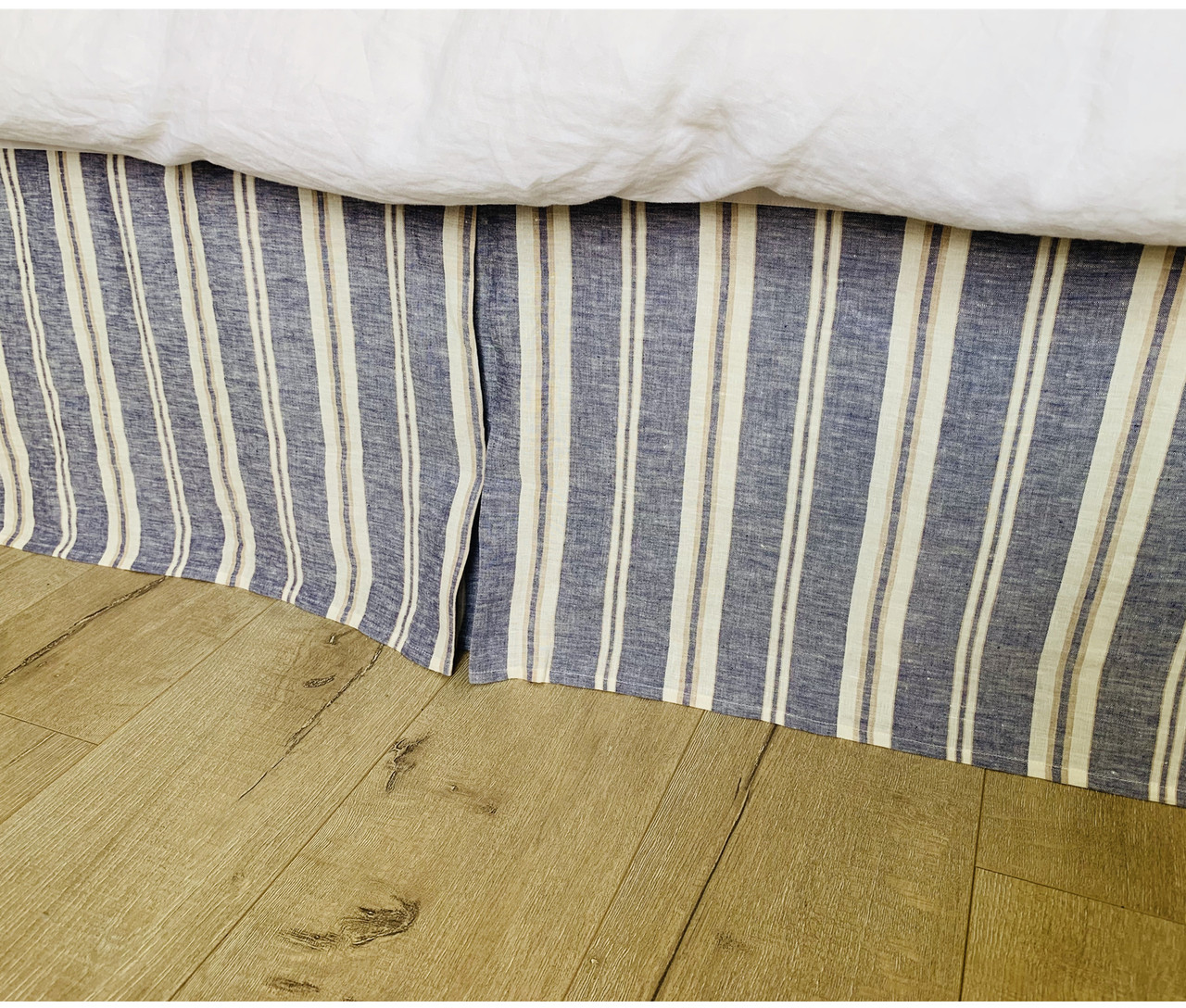 Nautical Striped Linen Bed Skirt with Tailored Pleats