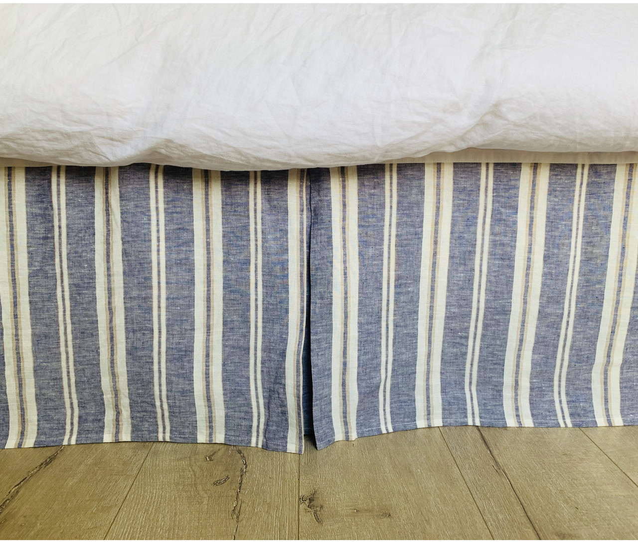 Nautical Striped Linen Bed Skirt with Tailored Pleats