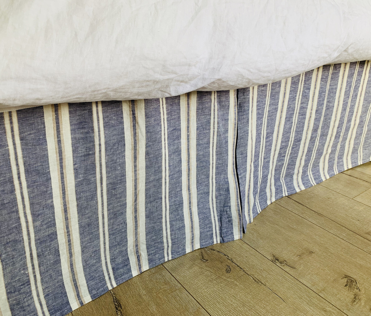 Nautical Striped Linen Bed Skirt with Tailored Pleats