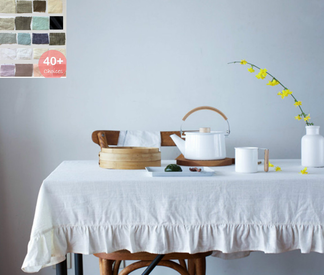 Linen Tablecloth With Ruffles White Linen Cream Dark Linen