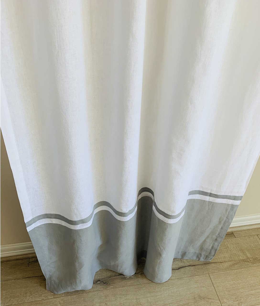 White Linen Shower Curtain with Coin Grey Linen Block and Stripe, All ...