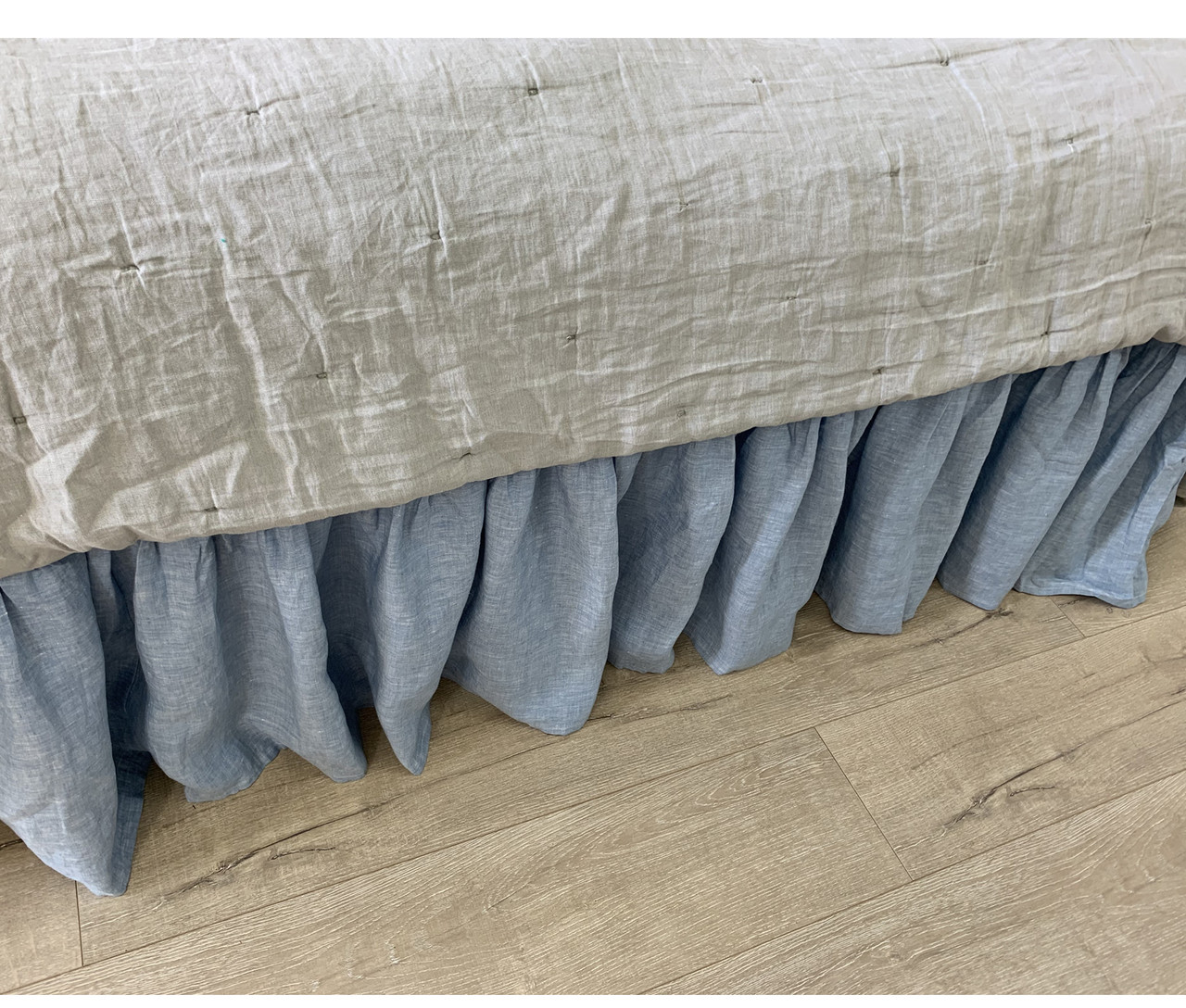 Chambray Surf Blue Linen Bed Skirt, Gathered Ruffle Bed Skirt