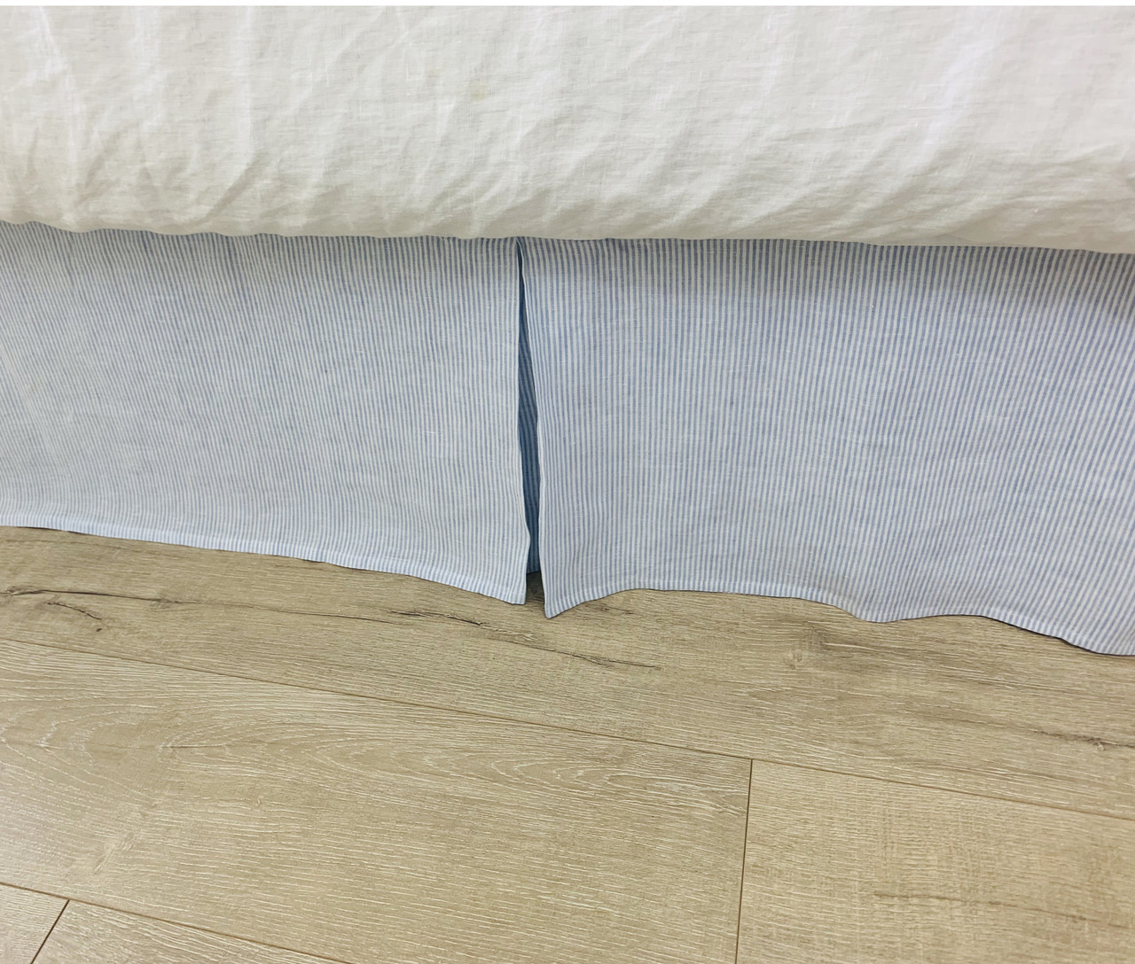Blue and White Ticking Striped Linen Bed Skirt Tailored Pleats, All