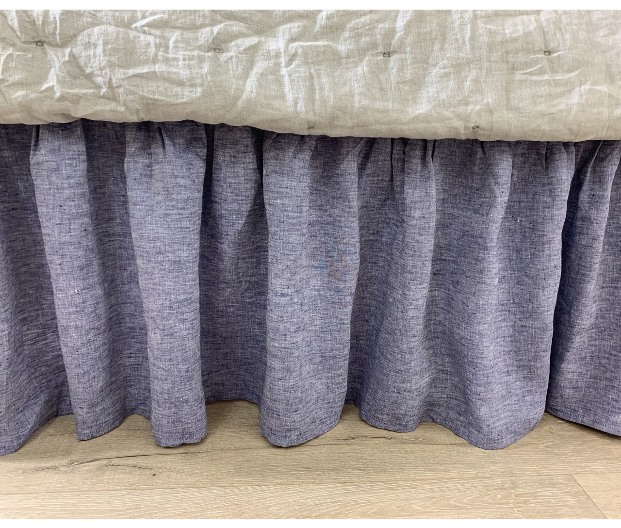 Chambray Denim Linen Bed Skirt with Gathered Ruffle, Made to Fit, all Sizes