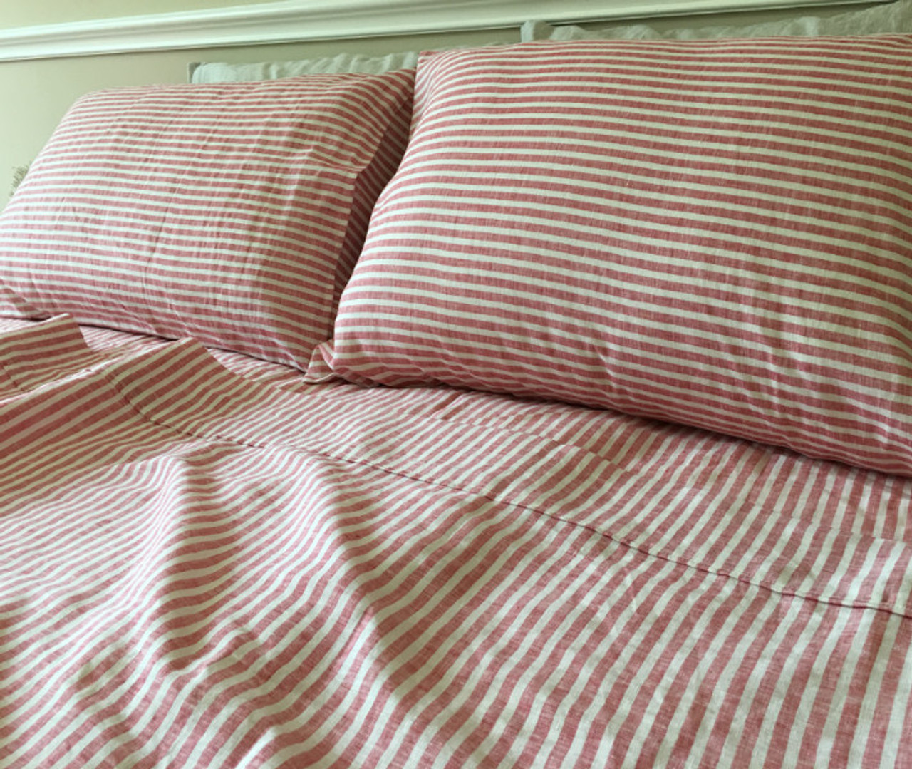 Red Ticking Stripe Sheets Set, 100 Linen Handcrafted by Superior Custom Linens