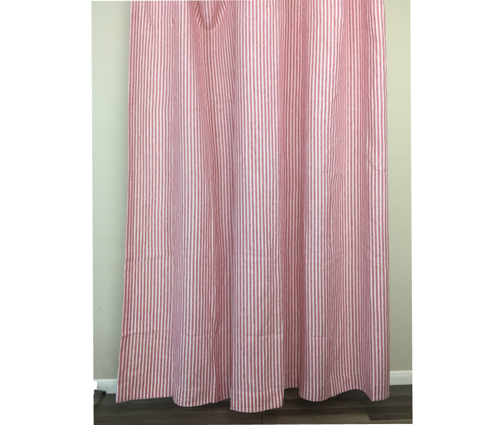 White and Red Ticking Stripe Shower Curtain Handcrafted by