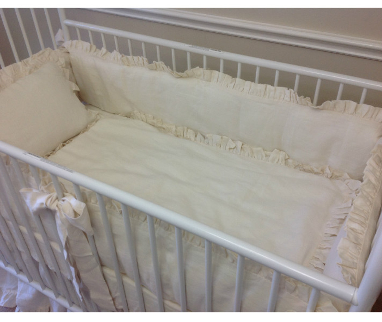 Cream Baby Bedding Set Ruffled Bumper, Sash Ties, Ruffled Crib Skirt Handcrafted by Superior